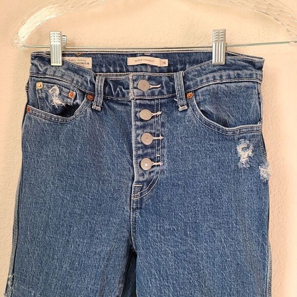 Levi's Wedgie Straight Jeans Sz 26 Button Fly Distressed 90s Retro Boho Logo - Picture 4 of 11